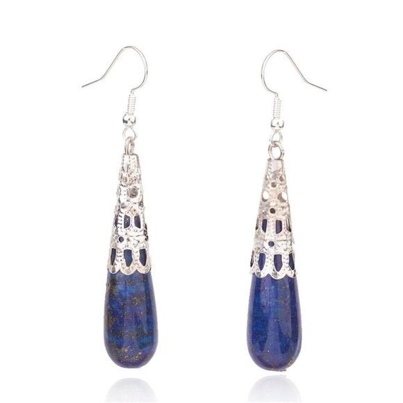 Edgy Lapis Lazuli Teardrop Gemstone Silver Filigree Dangle Earrings - Picture 1 of 1
